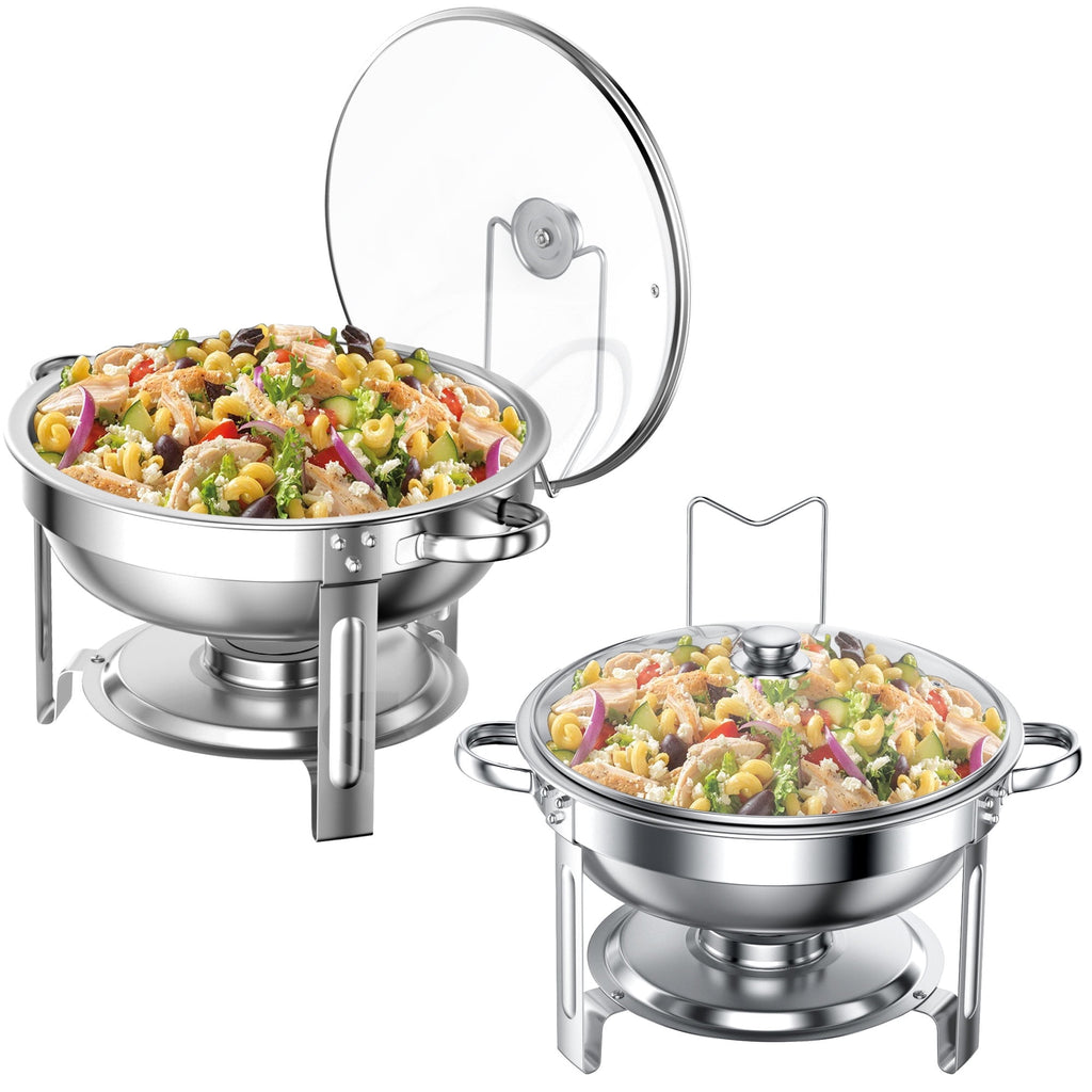 Chafing Dish Buffet Set 2 Pack: TINANA 5QT Stainless Steel Chafing Dishes for Buffet with Glass Lid & Lid Holder, Round Chafers and Buffet Warmers Sets for Parties, Events, Wedding, Camping, Dinner