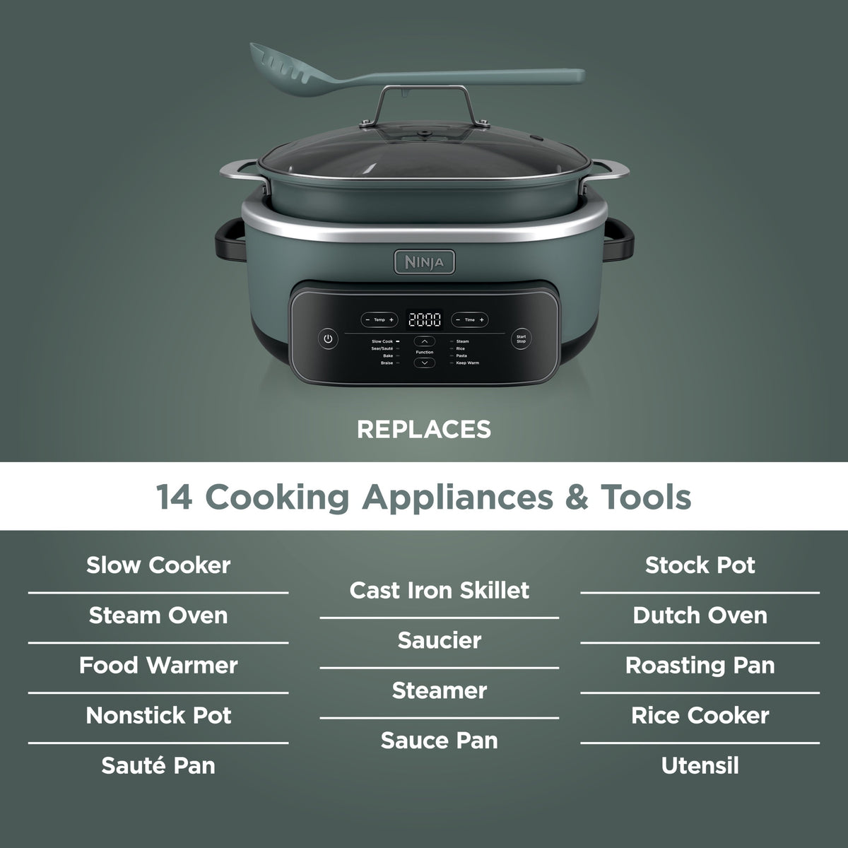 Ninja 8-in-1 PossibleCooker Plus 7.5 Qt Multi-Cooker, Slow Cooker, Steamer, Dutch Oven, MC2000 Sage Green