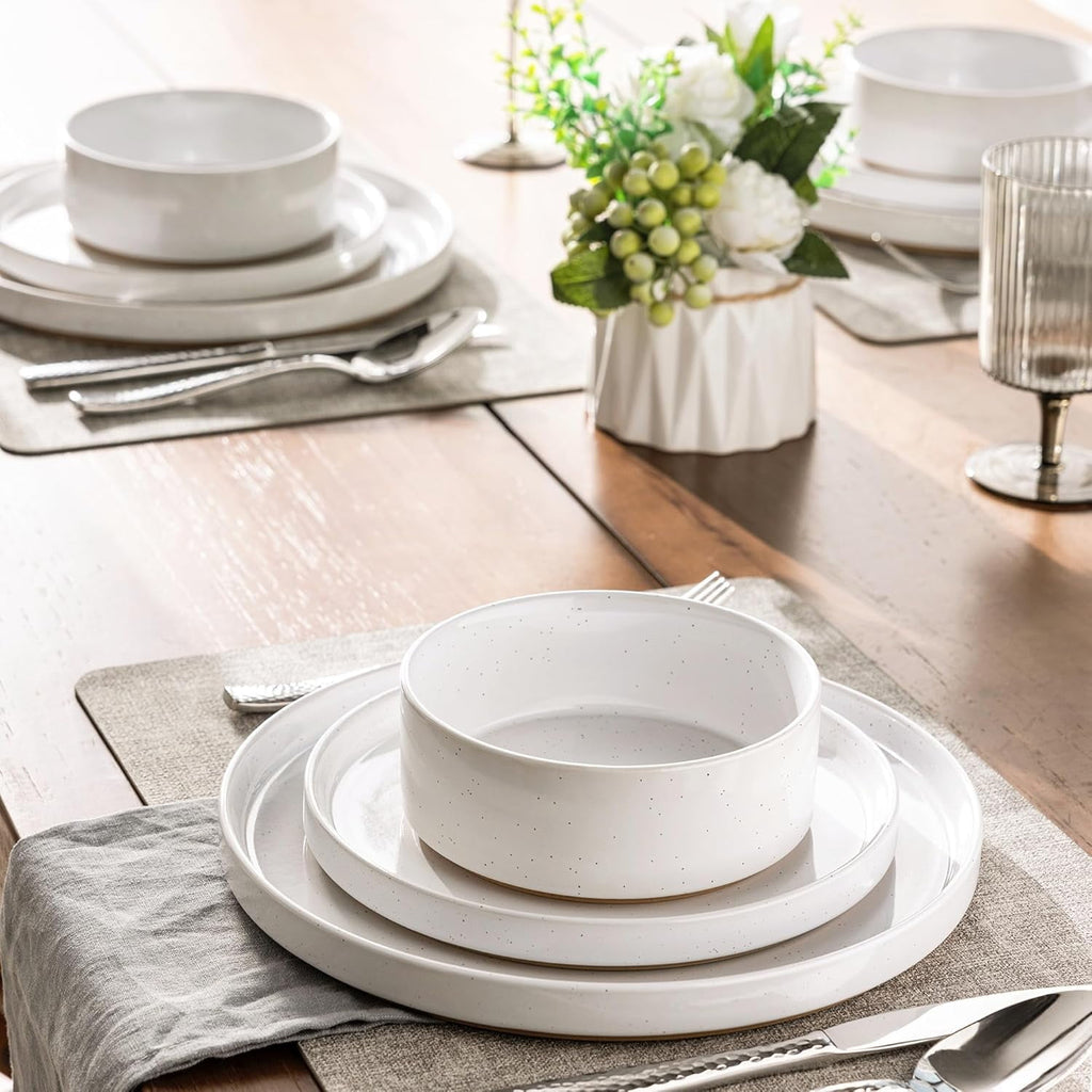 AmorArc Ceramic Dinnerware Set for 4 | Speckled Stoneware Plates and Bowls with unglazed terracotta | Scratch Resistant, Dishwasher & Microwave Safe Dishes Sets- 12-Pcs Pink