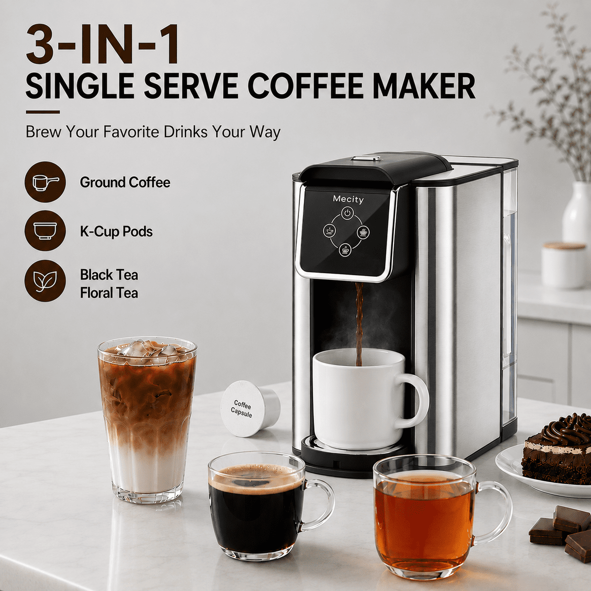 Mecity Coffee Maker 3 in 1 Single Serve Coffee Machine, Compatible with K cup Capsules, Instant Coffee Pot, Tea maker, 6,8,10 Oz Cup, Removable 50 Oz Water Reservoir, 120V 1150W, Black