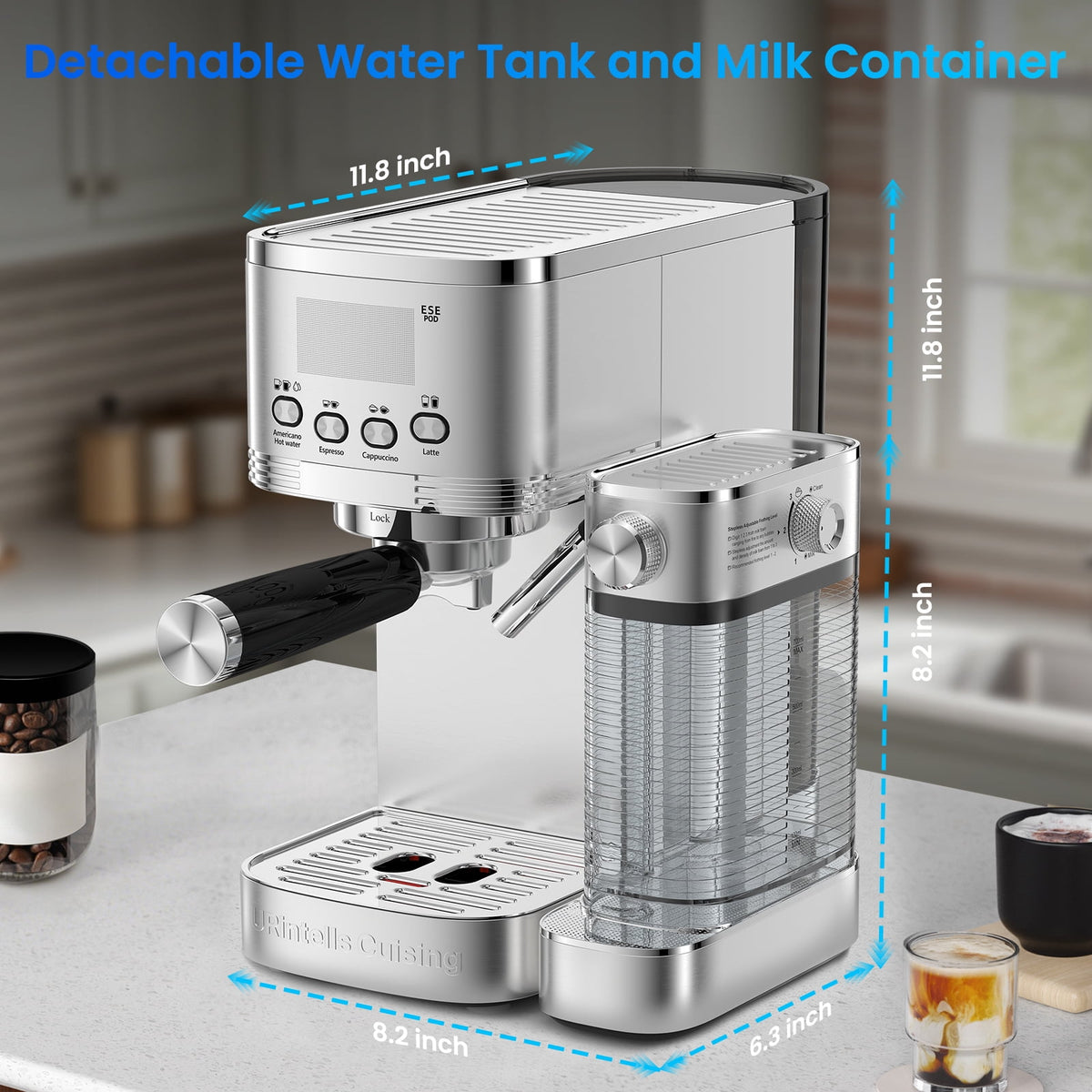 URintells Cuising Espresso Machine, 20 Bar Cappuccino & Latte Machine with Built-In Milk Frother, 1350W, Stainless Steel