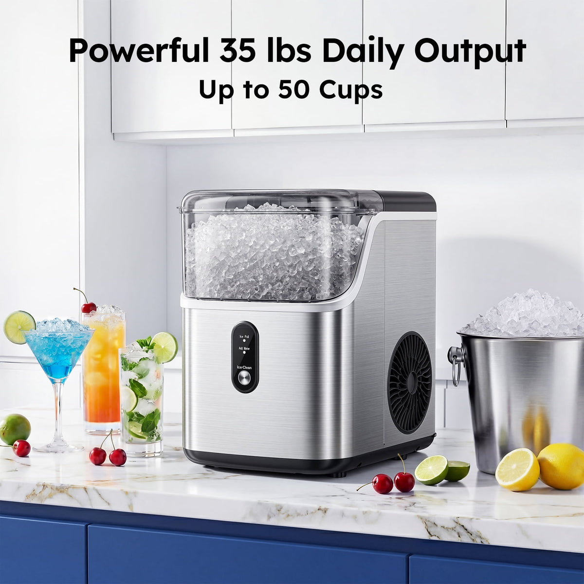 Simzlife Countertop Nugget Ice Maker, 35 Lbs/24H Portable Sonic Ice, Self-Cleaning Ice Machine, Chewable Pellet Ice, Stainless Steel