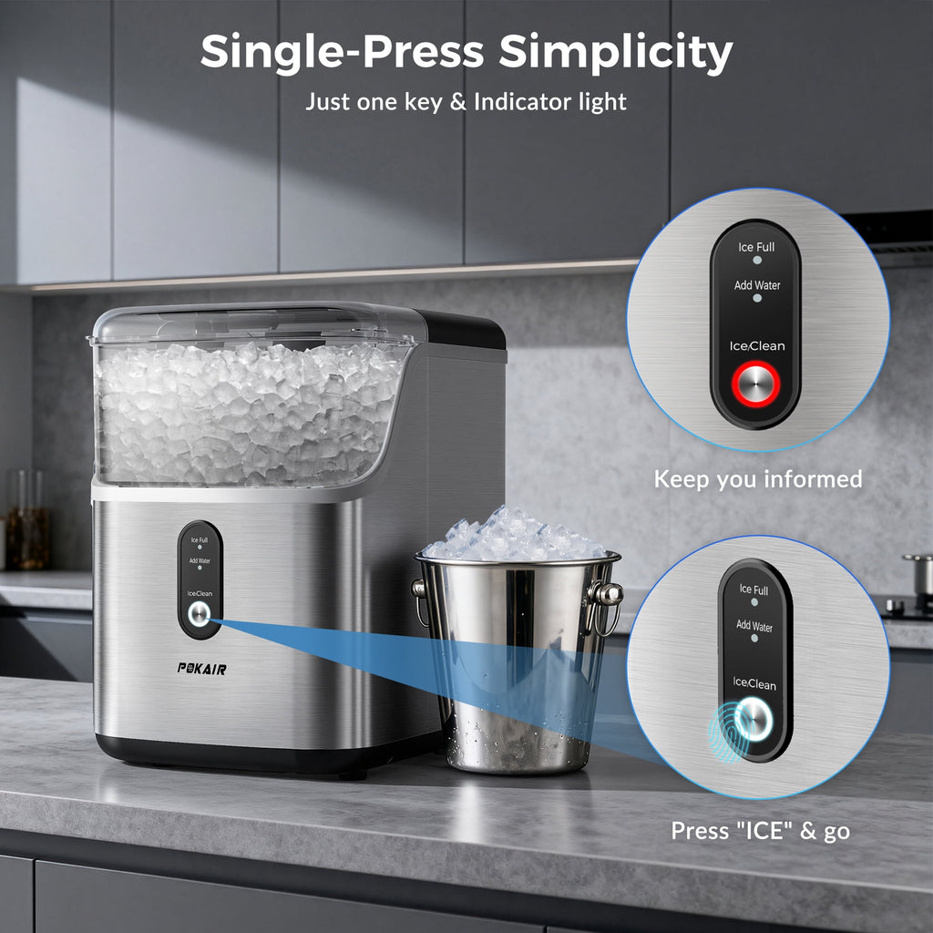 POKAIR Nugget Ice Maker Countertop, Sonic-Style Chewable Pebble Ice in 9 Min, 33 lbs/Day, Self-Cleaning, One-key Control, ETL, Brushed Stainless Steel