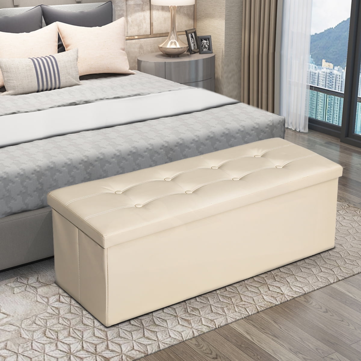 43" Ottoman with Storage Bench for Bedroom, Long End of Bed Seat with Storage Ottoman Bench, Large Folding Faux Leather Footrest Toy Chest for Living Room, Brown