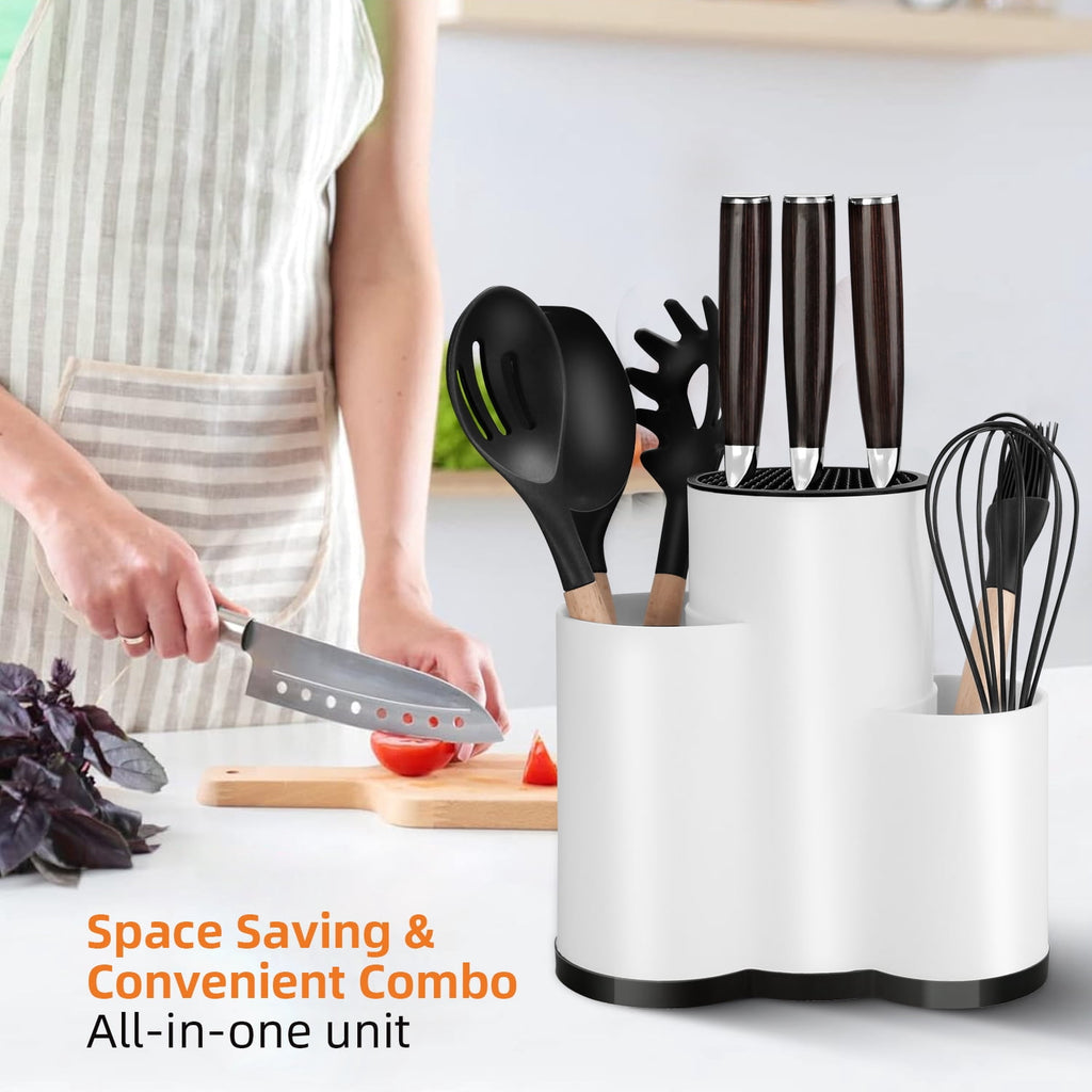 Knife Holder Kitchen 2-in-1 Universal Block without Knives Silverware Storage Stand with Drain Hole,for Countertop and Cabinet Drawer,White