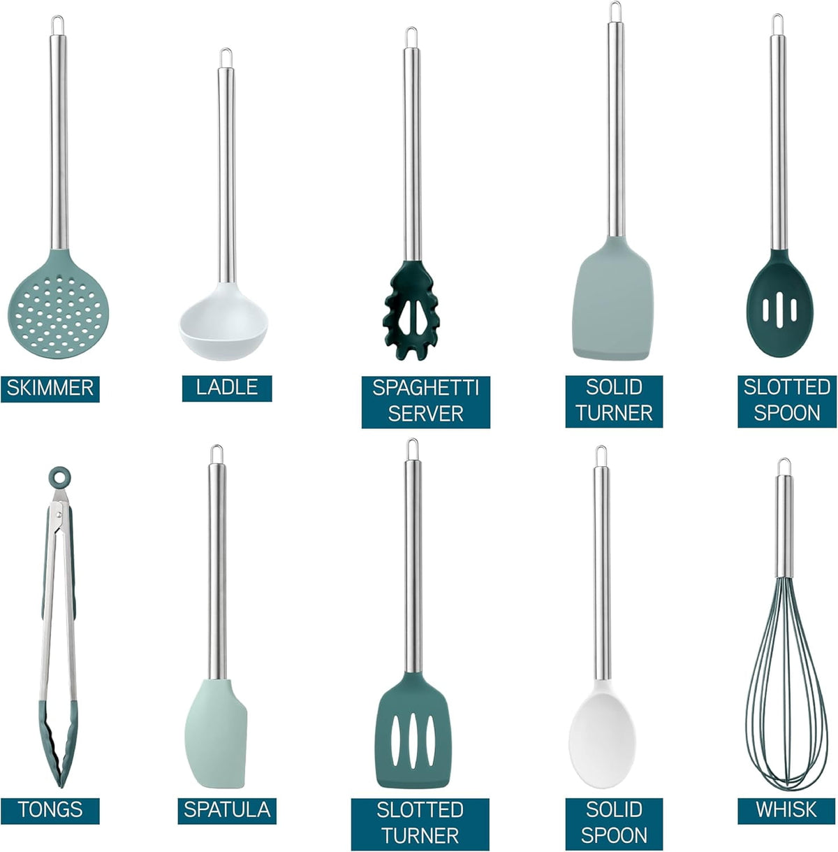 COOK WITH COLOR Kitchen Utensils Set, 10-Piece Cooking Utensils with Holder, Teal