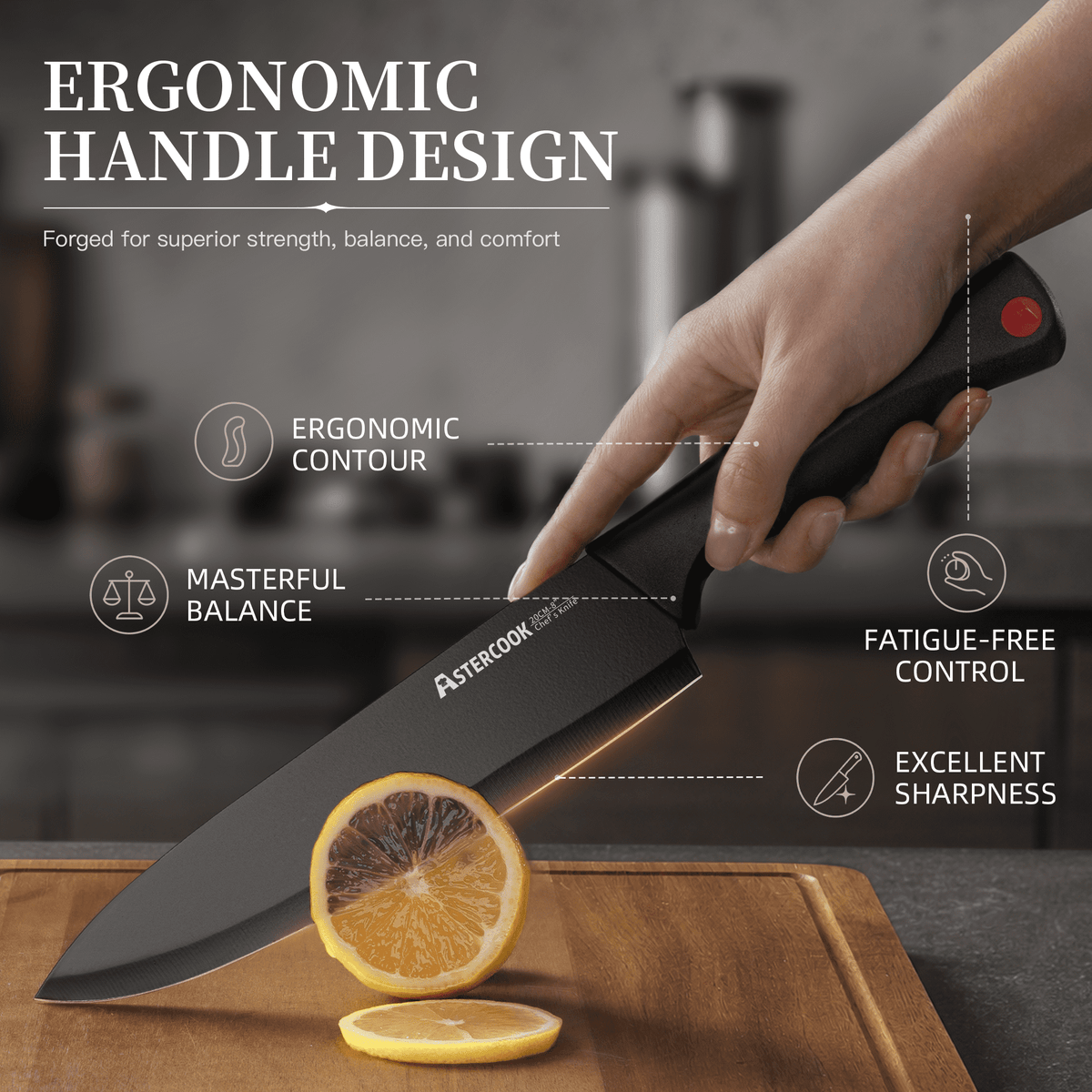 Astercook 15-Piece Kitchen Knife Set, Knives Block Set with Built-in Sharpener, Healthy Anti-Rust Coating & German Stainless Steel Knife Set, Dishwasher Safe Black