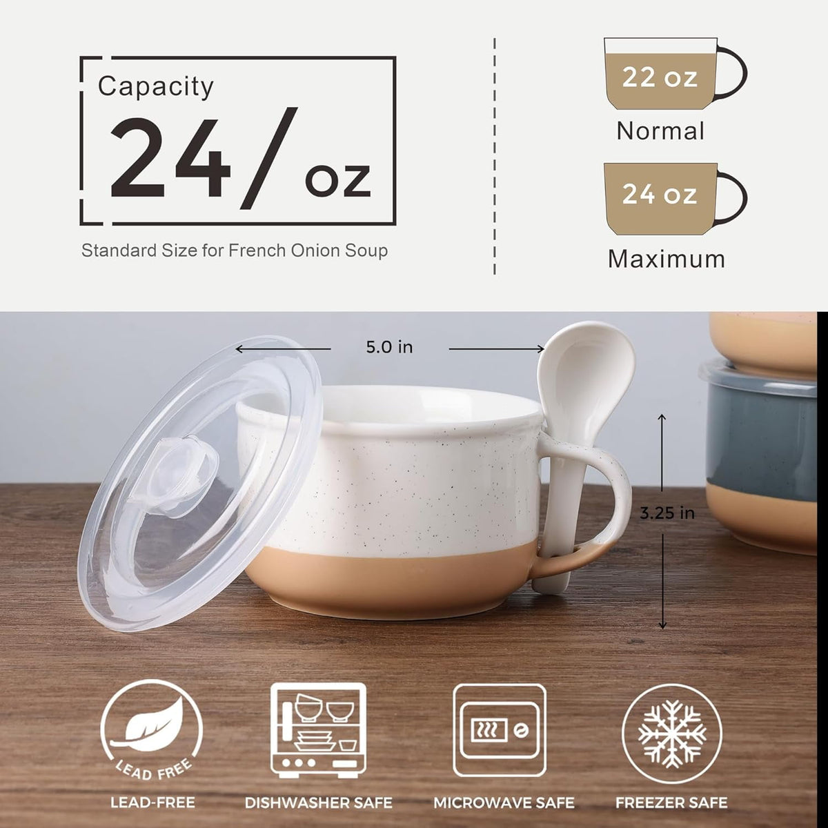 AmorArc Ceramic Soup Mugs with Handles and Lids,24 OZ Soup Cups Set of 2 with Terracotta Underside,Mug Bowls with Spoon for Soup/Cereal/Salad/Noodles/Ramen/Microware &Dishwasher Safe-White &Peach