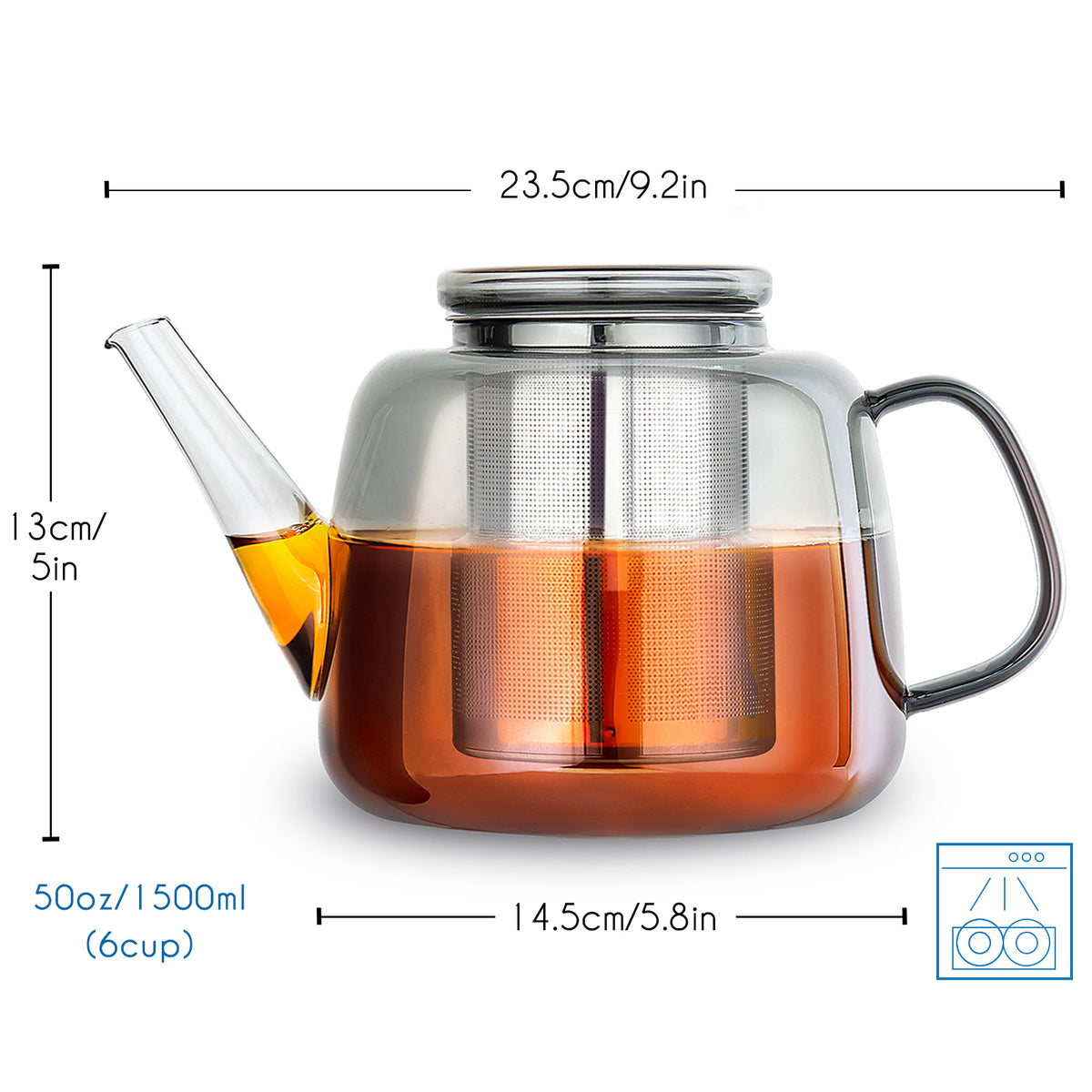 Easyworkz Borosilicate Glass Teapot 50oz with Large Stainless Steel Removable Loose Tea Infuser for Fruit Herbal and Infusion, Smoke Grey