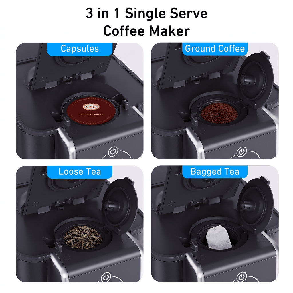 Jesslyn 3 in 1 Single Serve Coffee Maker: K Cup Coffee Machine Compatible with Grounds, Instant Coffee Pot, Tea Maker Brewer - Removable 50 oz Water Reservoir, 120V 1150W, Black