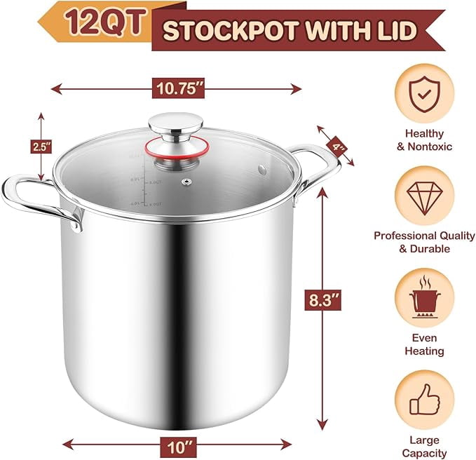 Coliware 8 QT Stainless Steel Stock Pot with Glass Lid, Cooking Soup Pot with 3-Ply Whole Clad for
