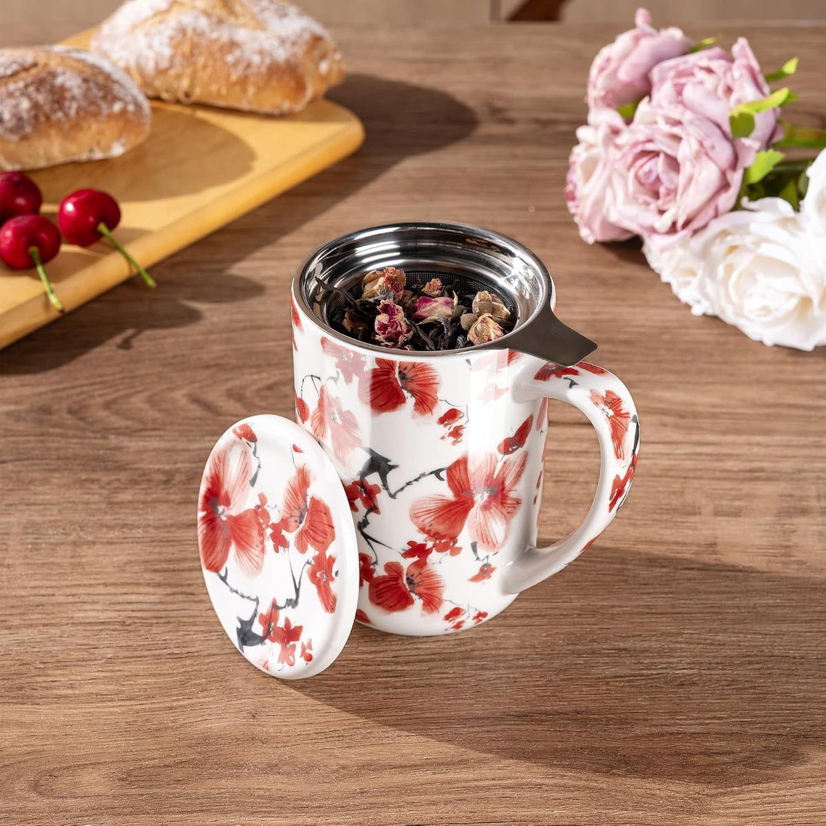 AmorArc Porcelain Tea Mug with Infuser and Lids, 18 Oz Cup Strainer Bag Holder for Loose Leaf Tea, Steeping Coffee Well-wrapped Box House-warming Wedding Birthday Gift, YelloRed
