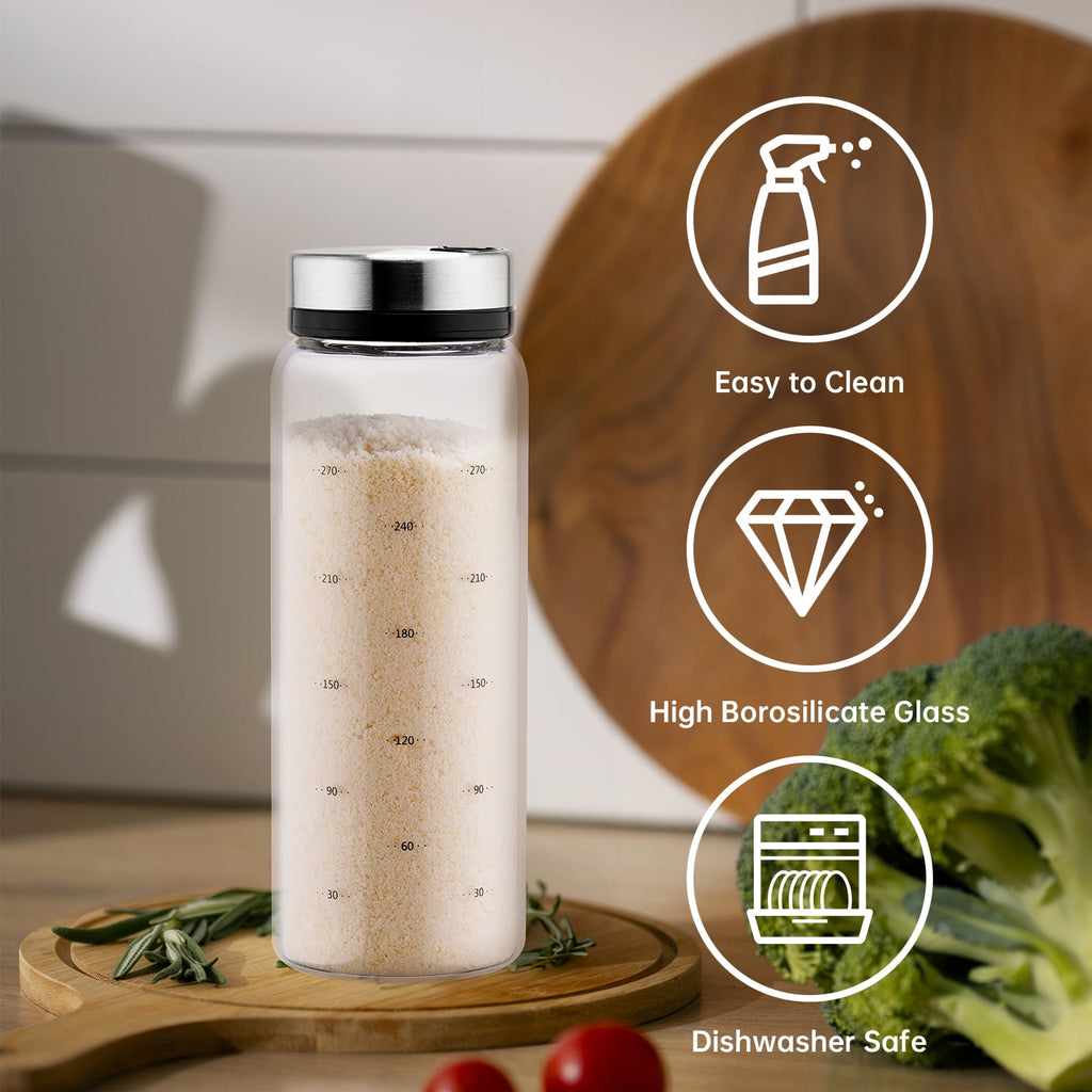 NiHome 2-Pack 10oz Spice Shakers with Adjustable Stainless-Steel Lids for Parmesan Cheese, Chili Flakes, Herbs, Salt, Pepper, Borosilicate Glass Seasoning Dispensers, Easy Refill and Dishwasher Safe