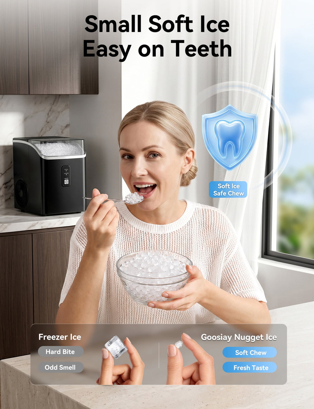 Goosiay Slim Countertop Nugget Ice Maker Machine, 33lb per Day Mini Compact Chewable Pebble Crushed Portable Ice Maker, Black