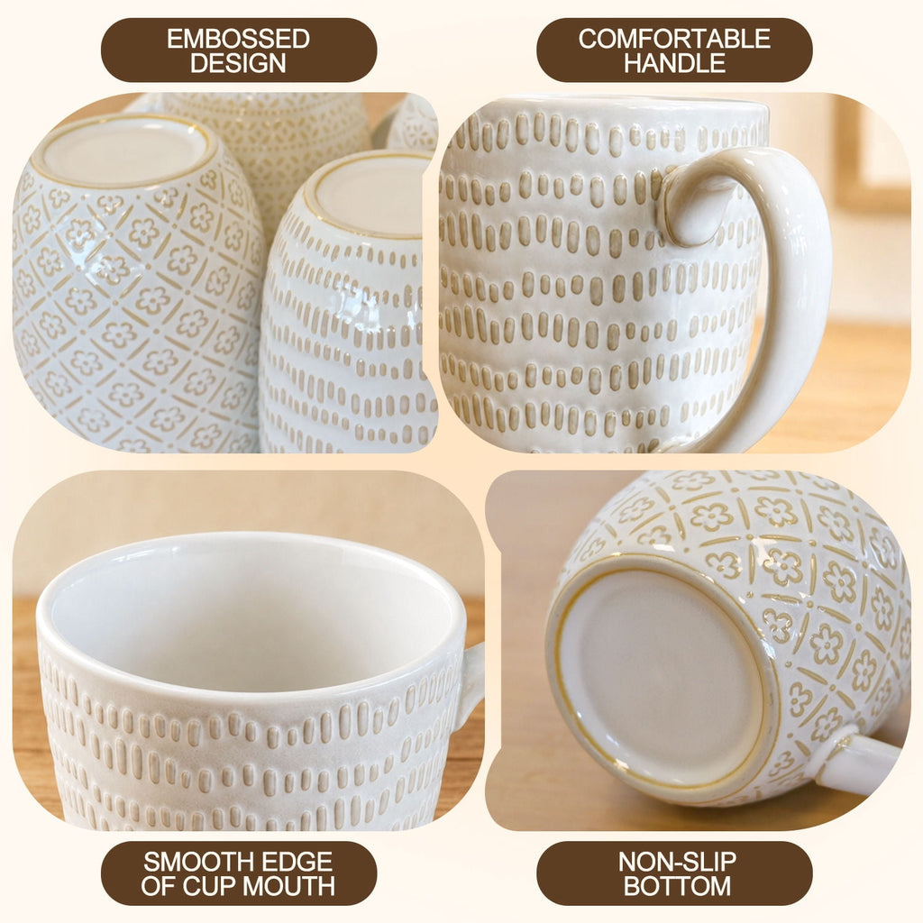 Soulgenix Coffee Mugs Set of 4, 14 Ounce Mug with Handles, Embossed Ceramic Coffee Cups for Coffee, Tea, Hot Cocoa, Milk, Microwave and Dishwasher Safe, Idea Gift for House Warming Gifts, Off White