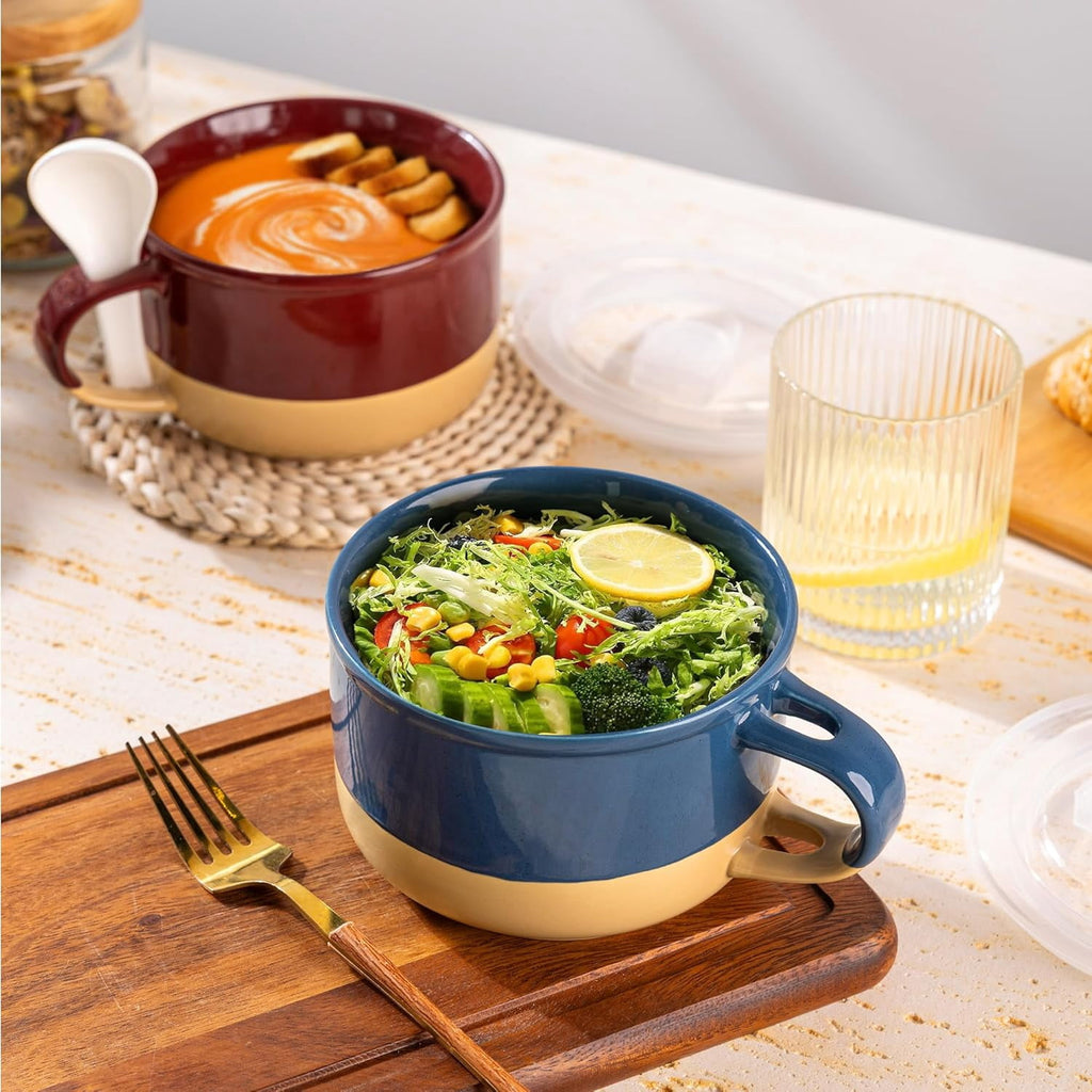 AmorArc Ceramic Soup Mugs with Handles and Lids,24 OZ Soup Cups Set of 2 with Terracotta Underside,Mug Bowls with Spoon for Soup/Cereal/Salad/Noodles/Ramen/Microware &Dishwasher Safe-White &Peach