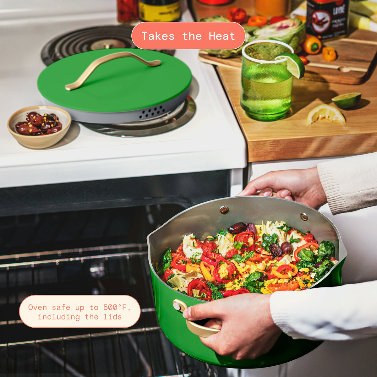 Beautiful 12-Piece Cookware Set, Pots and Pans with Strainer Lids and EverGood Ceramic Nonstick Coating, White Icing by Drew Barrymore