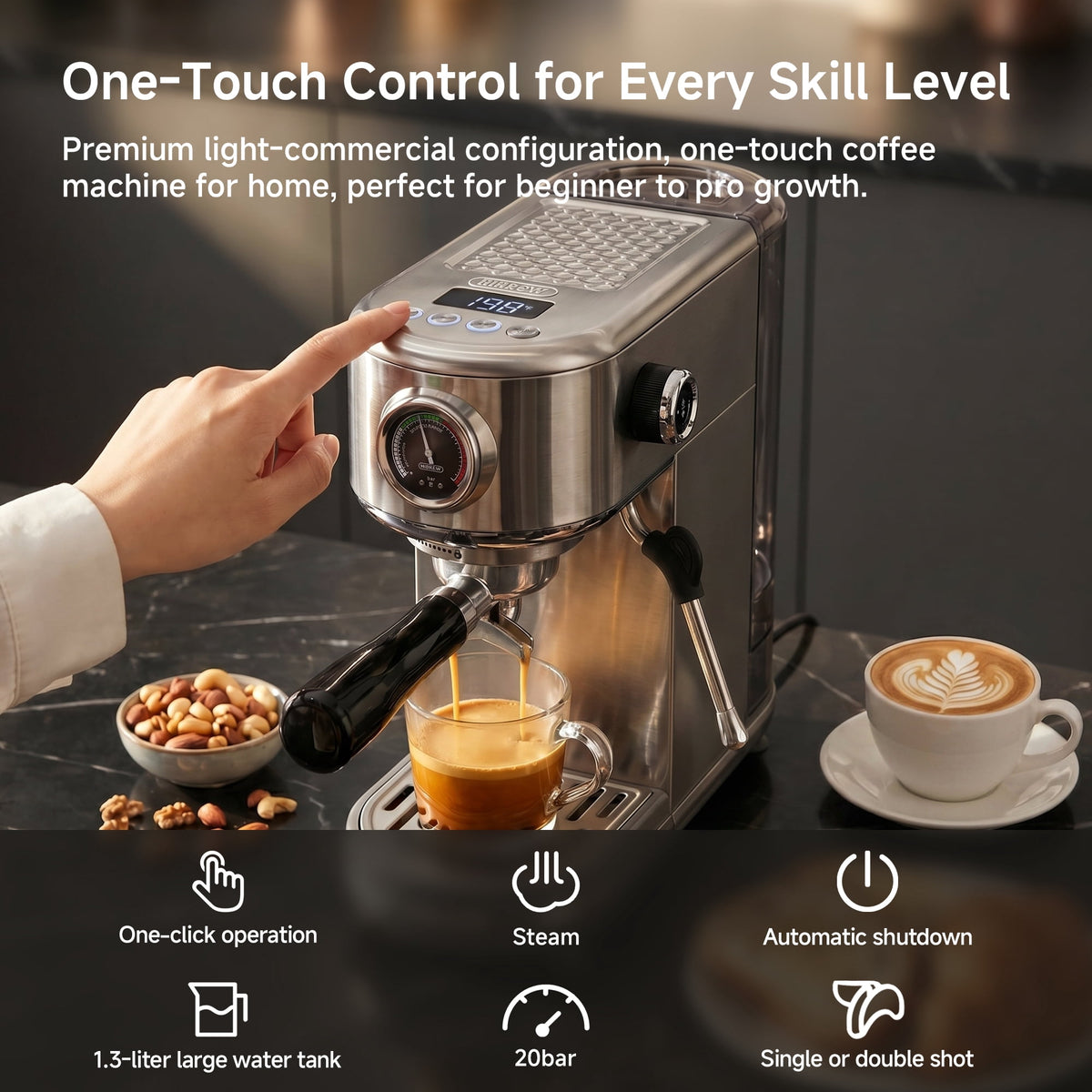 HiBREW 20 Bar Semi Automatic Espresso Machine for Home, Stainless Steel Coffee Maker with Steam Wand H10B
