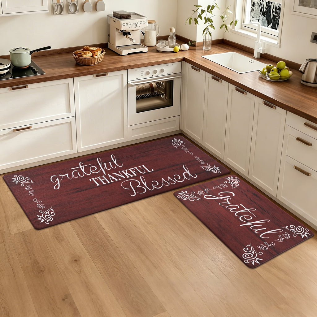 MeyJey Farmhouse Kitchen Rug Set of 2, Non-Slip Anti-Fatigue Waterproof Cushioned Mat for Kitchen, Dining & Laundry Room, 18"x30"+18"x48" Teal/Brown