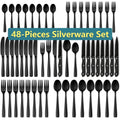 Black Flatware Set, AOKIWO 48-Piece 18/8 Stainless Steel Tableware Silverware with Steak Knives for Kitchen Restaurant, Mirror Polished ,Dishwasher
