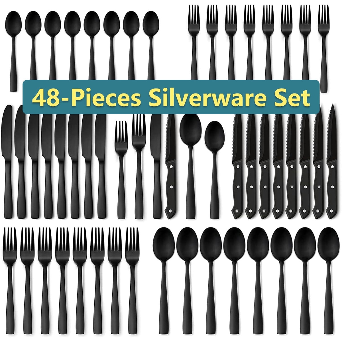 Black Flatware Set, AOKIWO 48-Piece 18/8 Stainless Steel Tableware Silverware with Steak Knives for Kitchen Restaurant, Mirror Polished ,Dishwasher