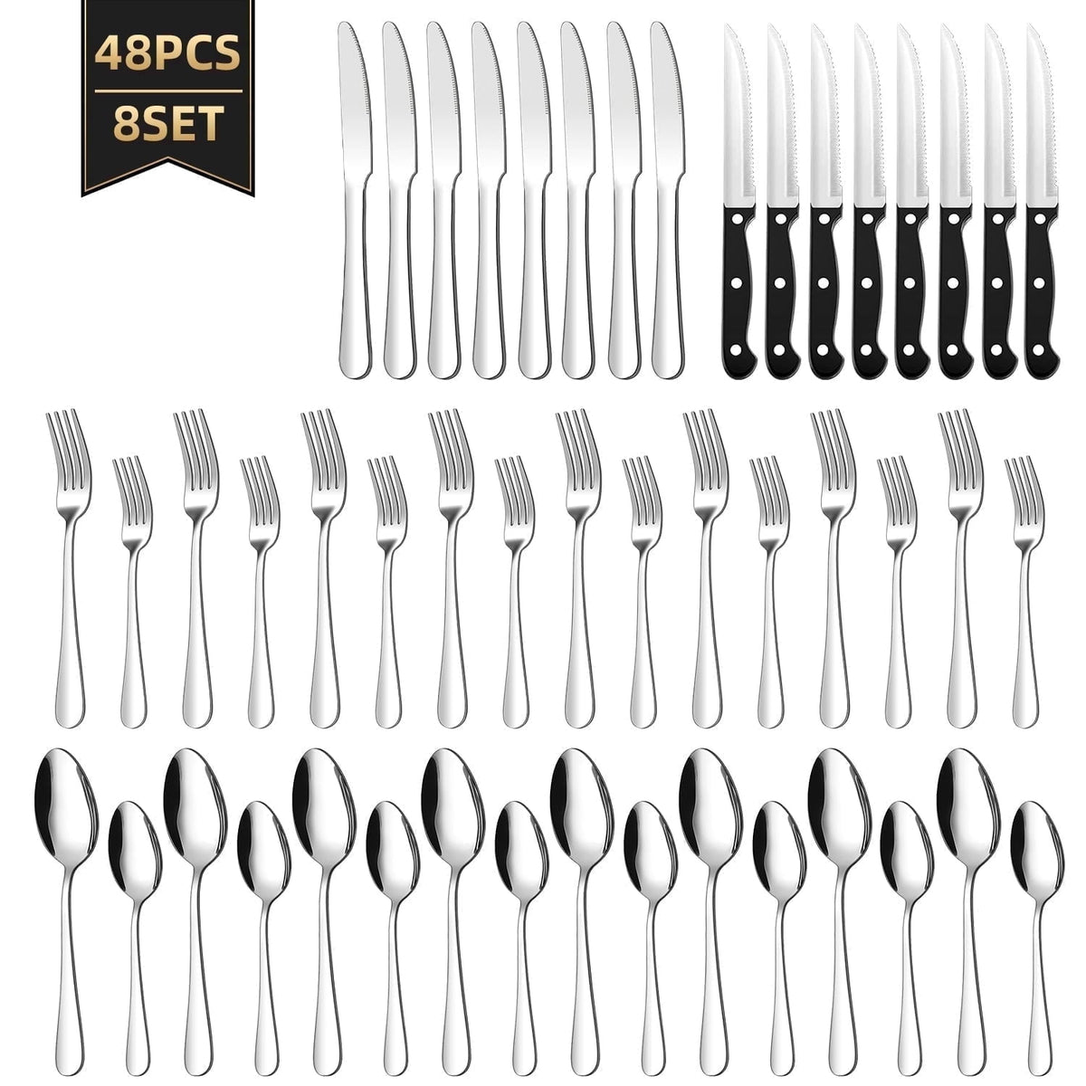 TINANA Silverware Sets, 48 PCS Flatware Set for 8, Stainless Steel Cutlery Utensil Set with Steak Knives Mirror Polished Forks and Spoons, Silver