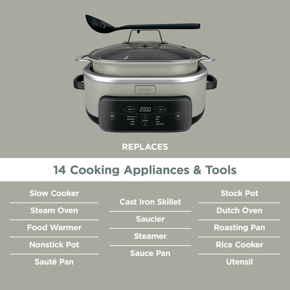 Ninja 8-in-1 PossibleCooker Plus 7.5 Qt Multi-Cooker, Slow Cooker, Steamer, Dutch Oven, MC2000 Sage Green