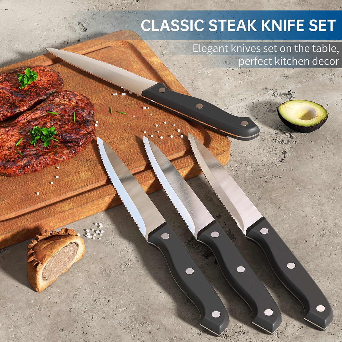 GPED Steak Knives Set of 8, 4.5-inch Serrated Steak Knife Set, Ultra Sharp Stainless Steel Triple Rivet Collection Kitchen Steak Knife Set, Non-Stick & Rust-Resistant Dinner Knives