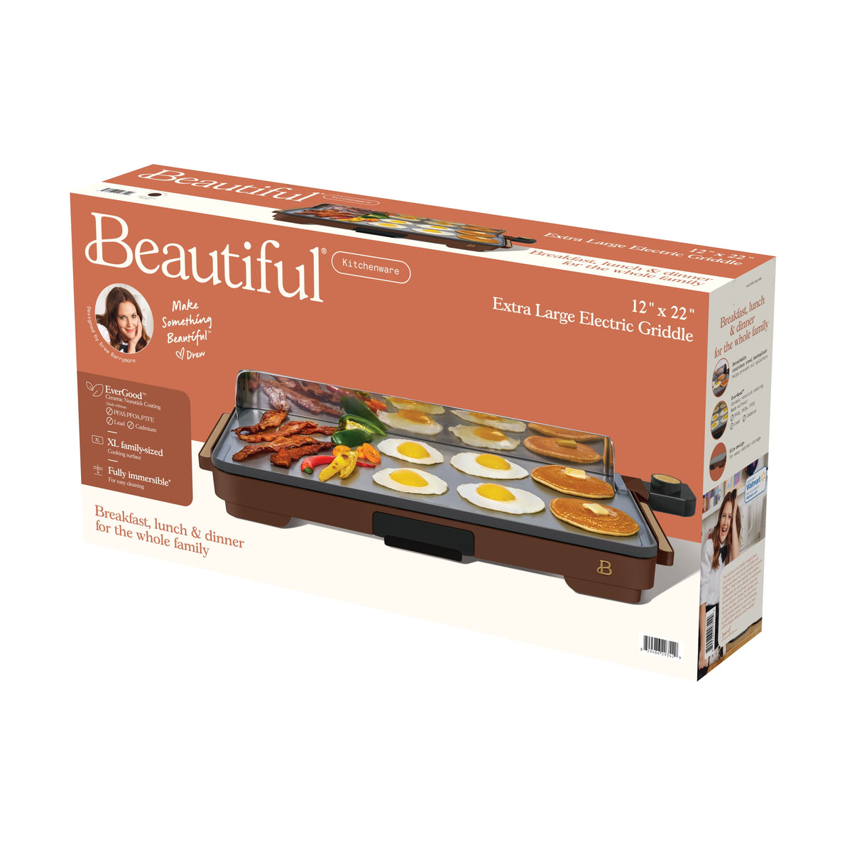 Beautiful XL Electric Griddle 12" x 22" with EverGood Ceramic Nonstick Coating, Thyme Green by Drew Barrymore
