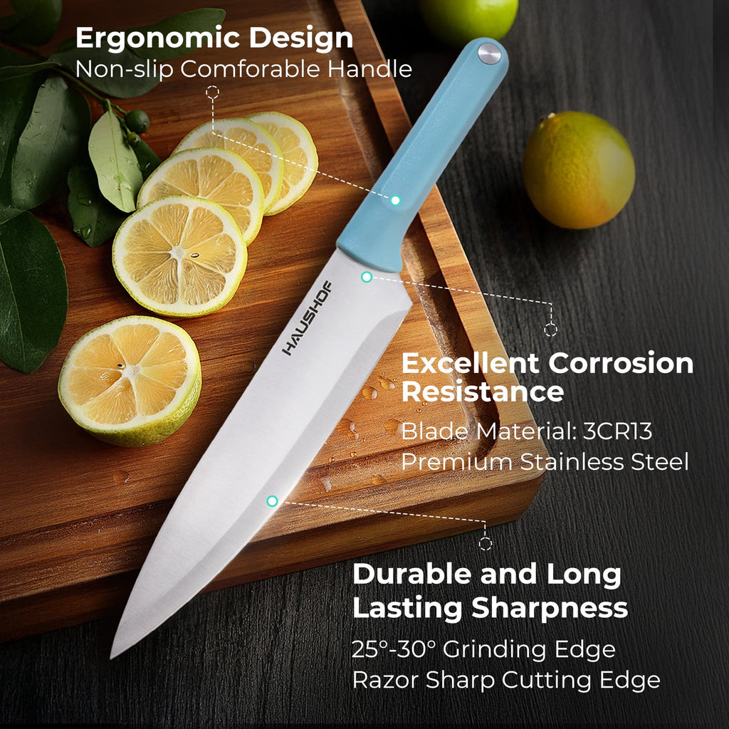HAUSHOF Colorful Kitchen Knife Set 5 PCS, Non-Stick Coated Stainless Steel Blades with Sheaths, Ergonomic Grip, Gift for Mom Dad Wife, Camping BBQ Everyday Cooking, Chopping