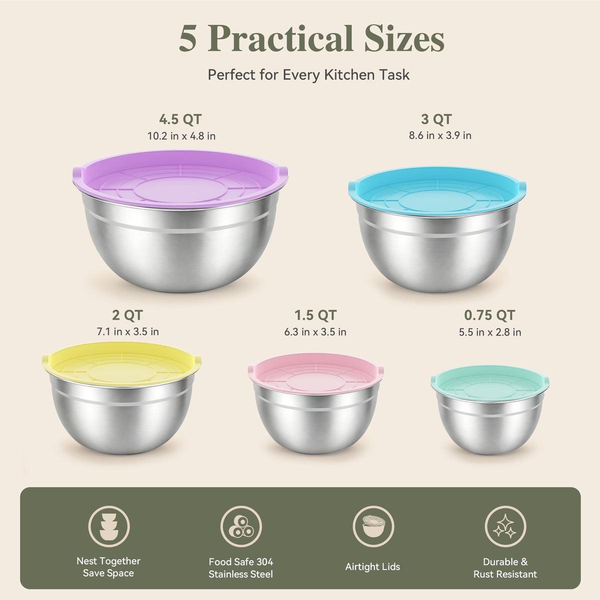 TINANA Stainless Steel Mixing Bowls with Lids, 5 Pack Nesting Kitchen Bowls, Multi Color Lids, Metal Food Storage Bowls, 0.75-4.5 Qt