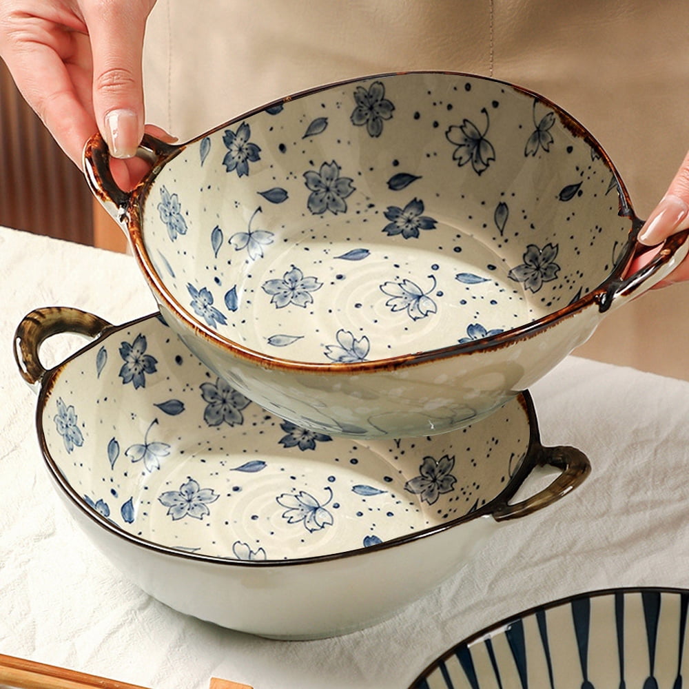MYVIT Decorative Serving Bowl - 24oz Ceramic Soup Bowl with Handle Ramen Bowl for Salad,Pasta,Cereal,700ML Porcelain Stoneware Kitchen Dish