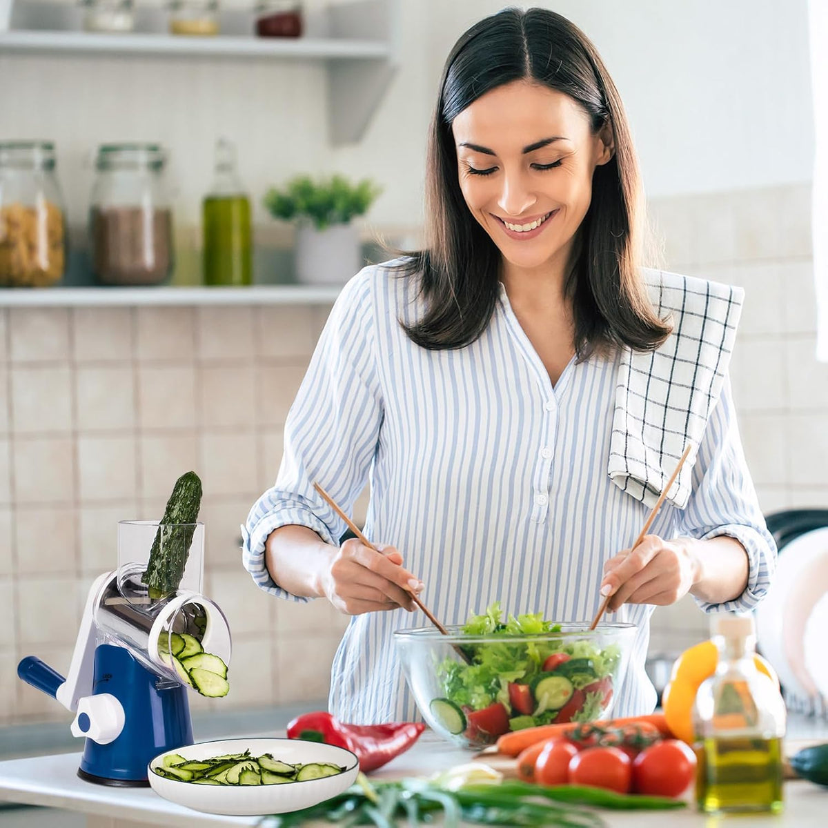 Premium Rotary Cheese Grater, Manual Cheese Grater for Kitchen, Handheld Vegetables Slicer Cheese Shredder with Rubber Suction Base, 3 Stainless Drum Blades Included,Blue