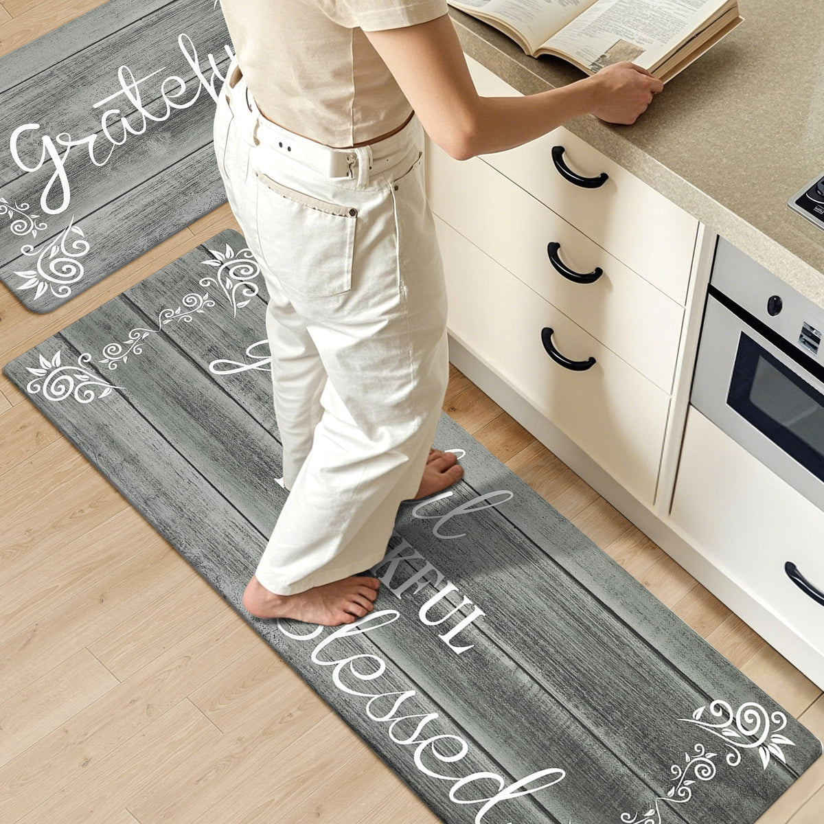 MeyJey Farmhouse Kitchen Rug Set of 2, Non-Slip Anti-Fatigue Waterproof Cushioned Mat for Kitchen, Dining & Laundry Room, 18"x30"+18"x48" Teal/Brown