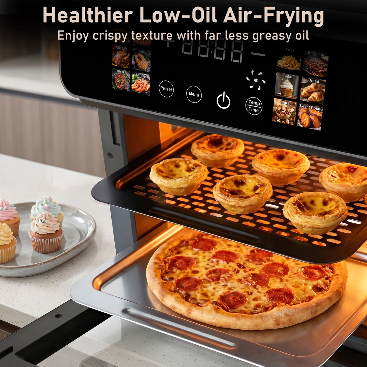 Smart Air Fryer Toaster Oven, 12 One-Touch Preset Functions, Smart Cooking Program, Viewing Window, Interior Light, Two Baking Pan Additions, Adjustable Time & Temperature, Oil-Free Family Cooker,