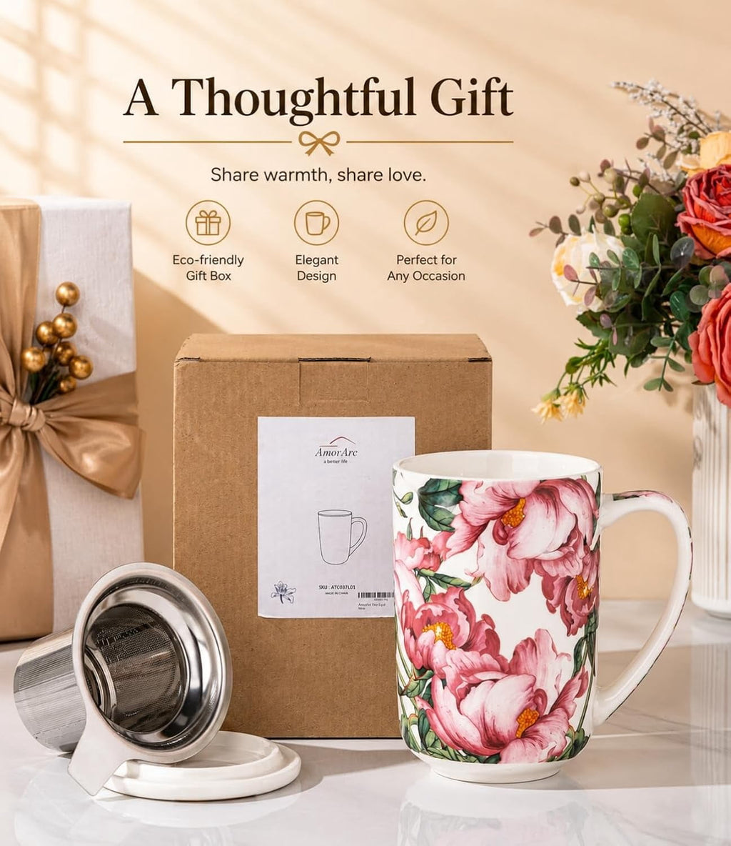 AmorArc Porcelain Tea Mug with Infuser and Lids, 18 Oz Cup Strainer Bag Holder for Loose Leaf Tea, Steeping Coffee Well-wrapped Box House-warming Wedding Birthday Gift, YelloRed