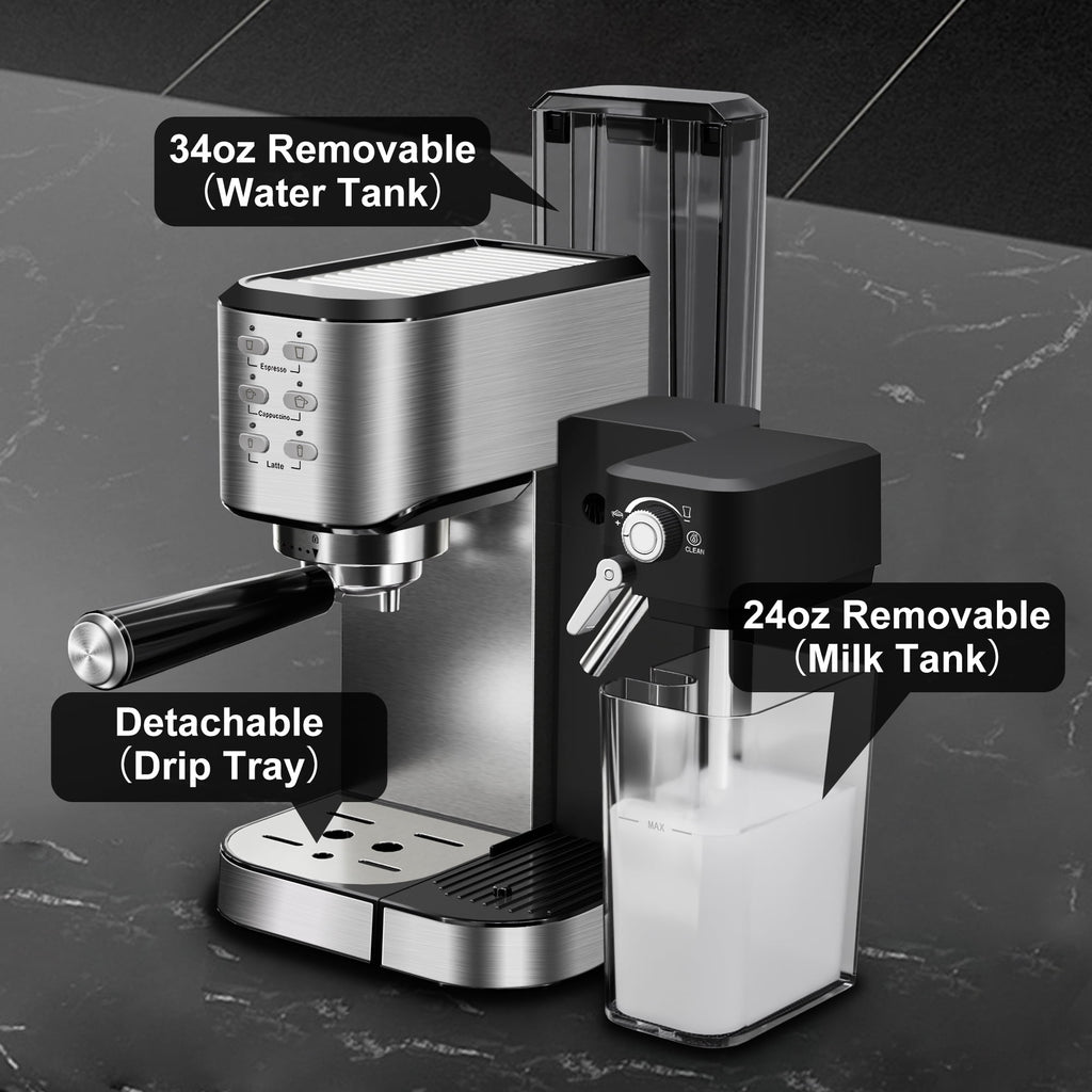 Bluebow 6-in-1 Espresso Machine, 20 BAR Cappuccino & Latte Machine with Built-In Milk Frother, One-Touch Single or Double Shot, 1350W, Stainless Steel