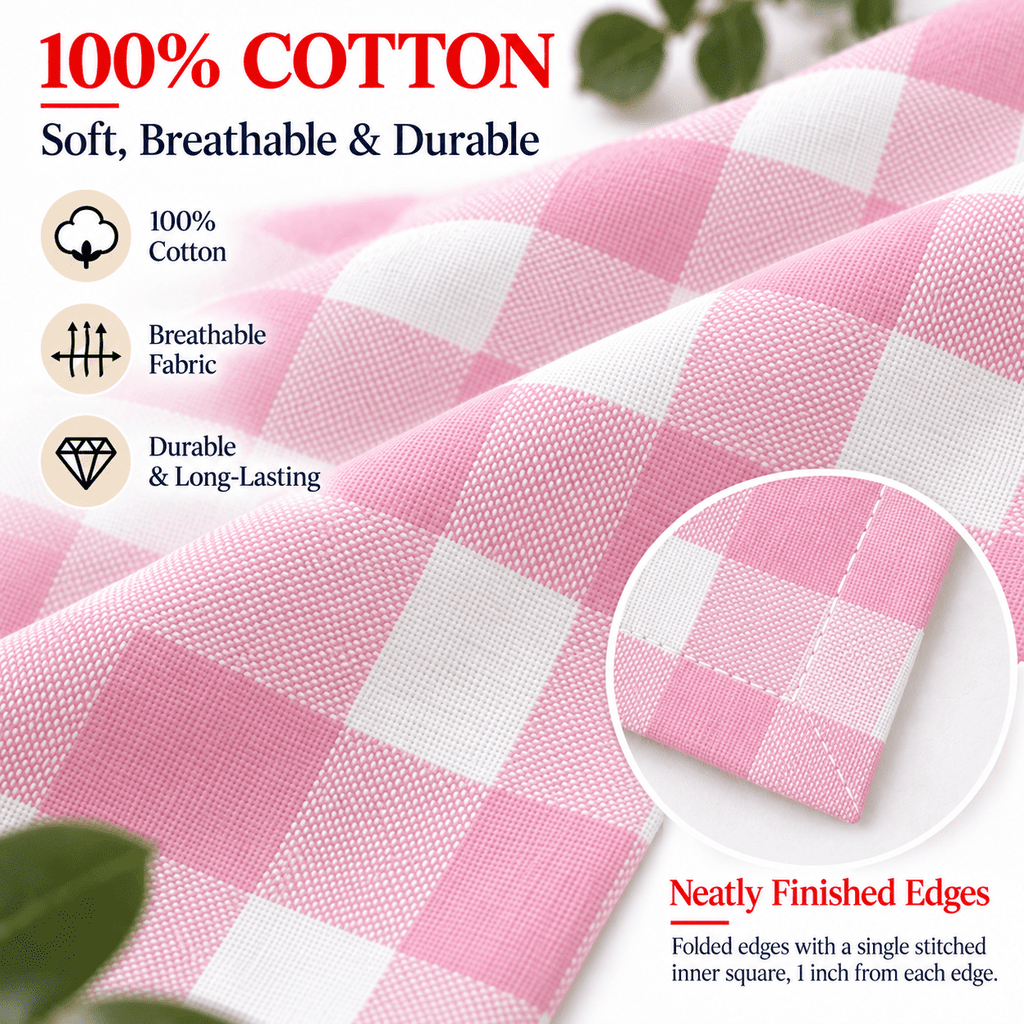GFI LINEN CLUBS 100% Cotton Gingham Cloth Dinner Napkins, 18 x 18 in, Set of 12, Baby Pink & White