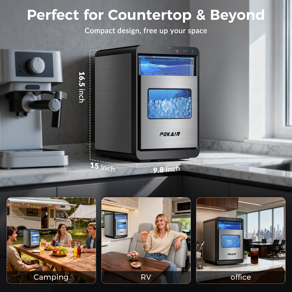 POKAIR Smart Nugget Ice Maker Countertop, Wi-Fi App Controlled Portable Ice Maker 44lbs/Day, Soft Chewable Pebble Ice in 9 Minutes, Self-Cleaning, Stainless Steel Ice Machine for Home & RVs