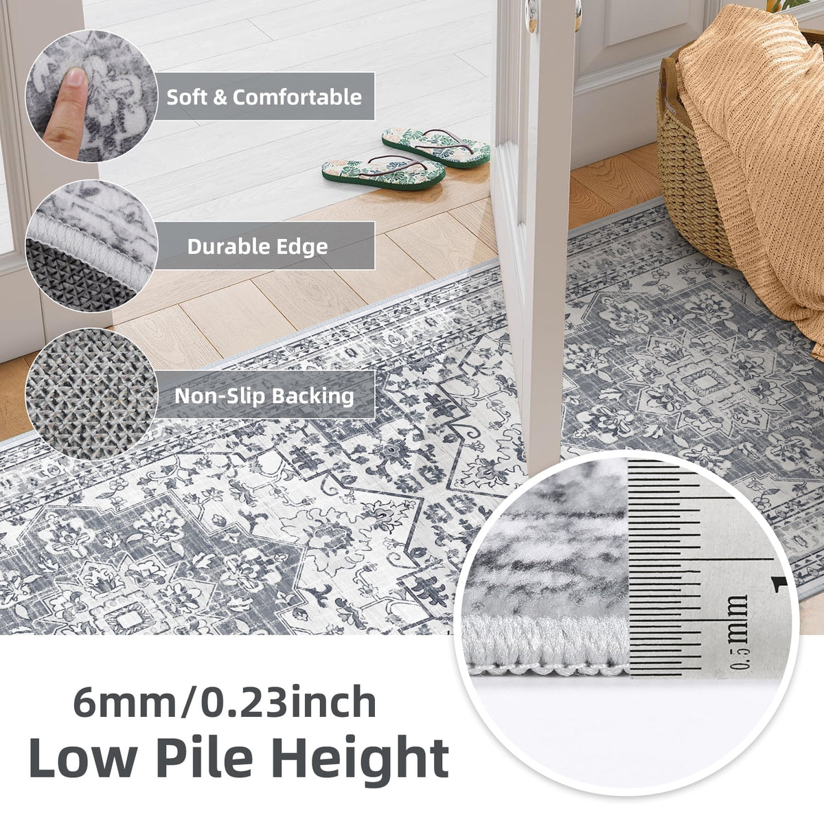 Findosom 3pcs Kitchen Rugs Set,Washable Boho Farmhouse Kitchen Mats for Floor,Non Slip Kitchen Floor Mat Carpet Runner Rugs for Entryway Hallway Laundry Home Decor 20"x32"+20"x32"+20"x47" Gray
