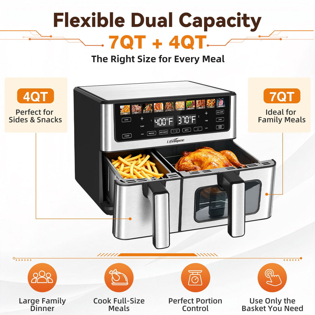 LifeImpree 11 QT Dual Basket Air Fryer with Viewing Window, 1800W Digital Air Fryer, Sync Finish & Dual Cook, 12 One-Touch Presets, 100°F–400°F