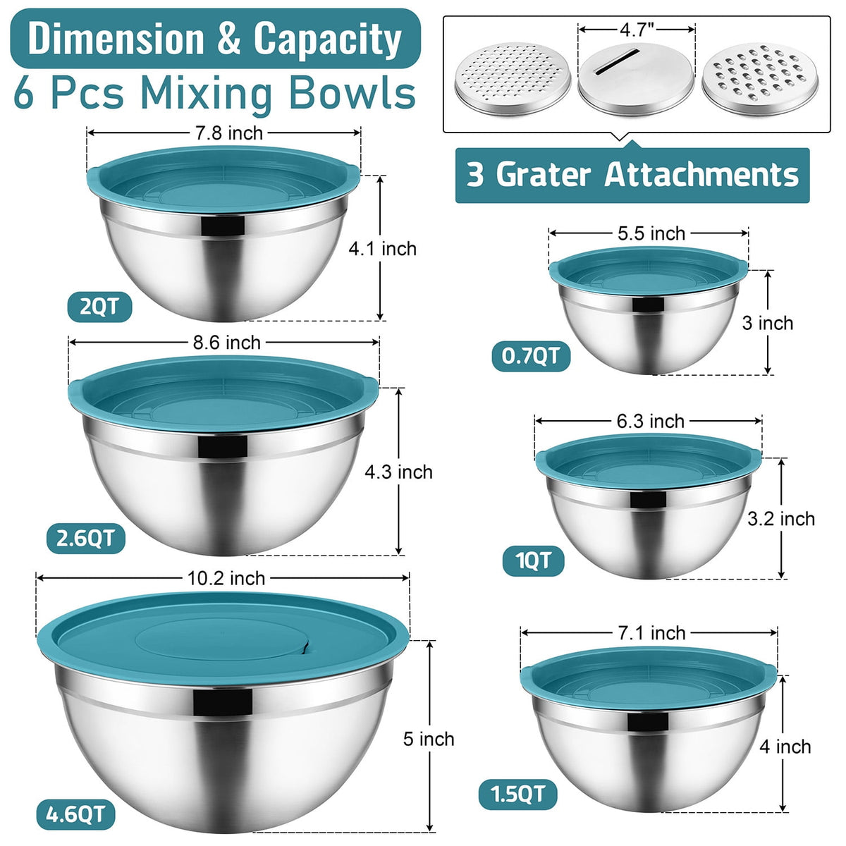 Mixing Bowls with Lids Set of 9, Vesteel Stainless Steel Mixing Bowls Metal Nesting Salad Bowls Attach with 3 Graters for Kitchen Grating/ Shredding, Size 4.6, 2.6, 2, 1.5, 1, 0.7 QT - Multi-Color