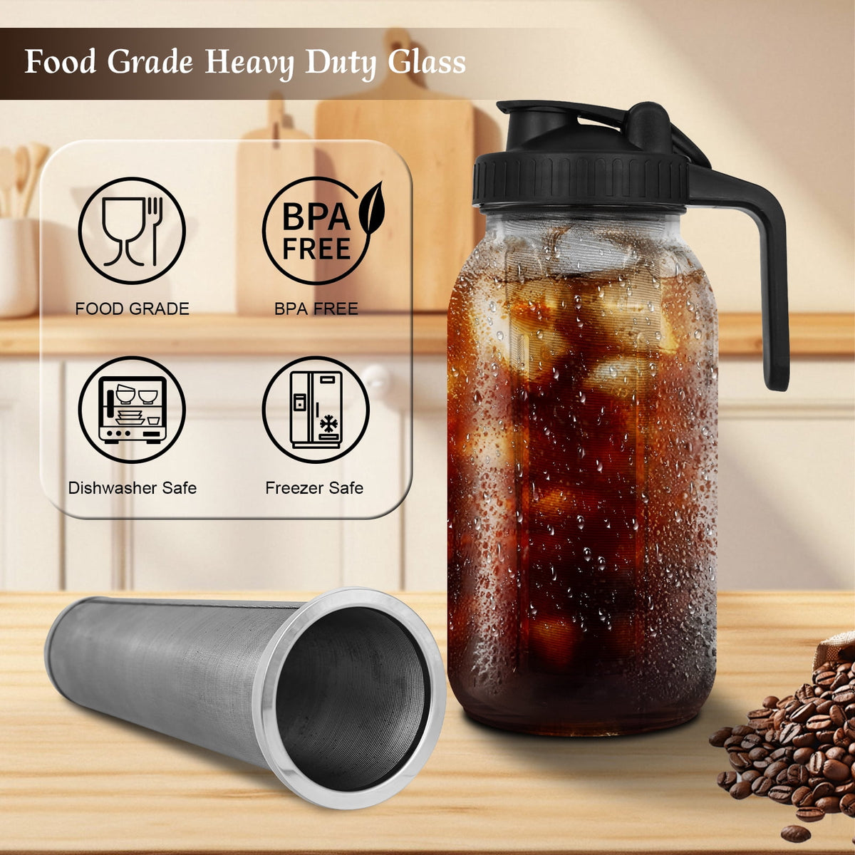 Soulgenix Cold Brew Coffee Maker, 64 oz Mason Jar Pitcher with Stainless Steel Filter, Cleaning Brush, Black