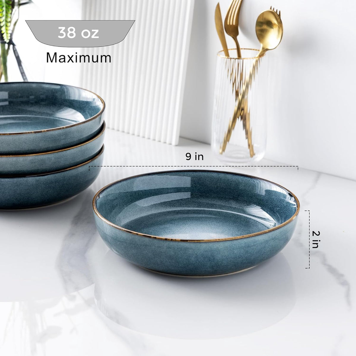 AmorArc 8.75'' Large Ceramic Pasta Bowls, 38oz Stoneware Pasta Serving Bowls Set of 4 for Kitchen, Wide Bowls for Fruit,Pasta,Salad,Oatmeal,Meal, Microwave Safe, Reactive Glaze-Space Blue
