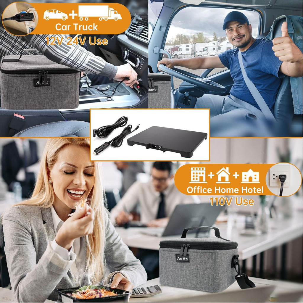 Aotto Portable Oven, 12V, 24V, 110V Portable Food Warmer, Mini Personal Microwave Heated Lunch Box for Work Reheating and Cooking Meals in Truck, Vehicle, Travel, Camping, Picnic, Black