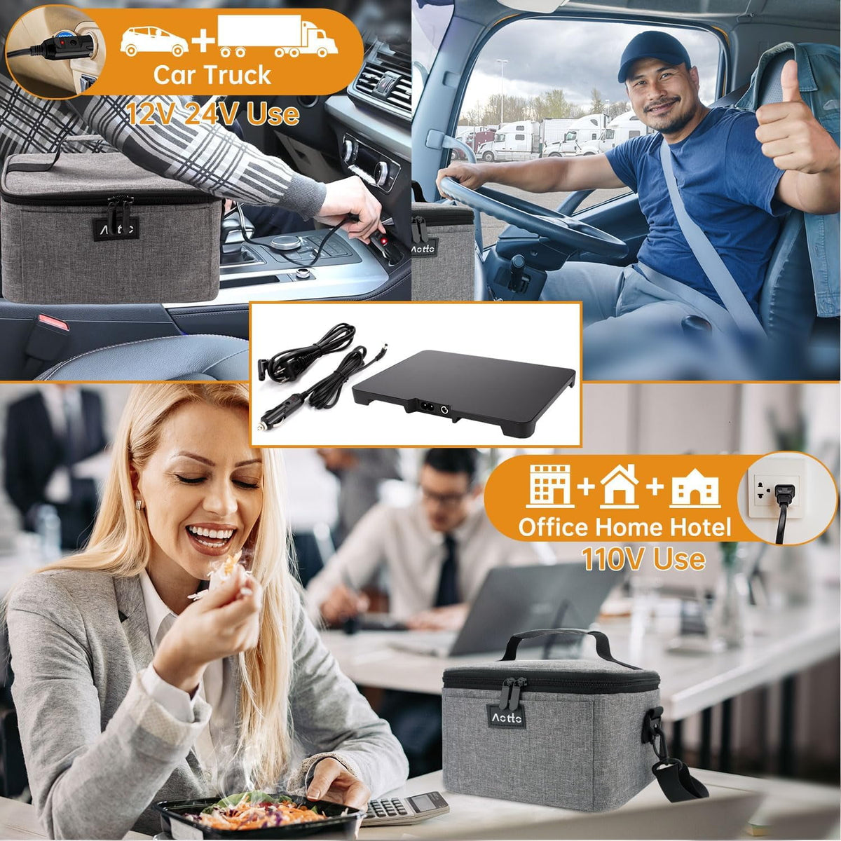 Aotto Portable Oven, 12V, 24V, 110V Portable Food Warmer, Mini Personal Microwave Heated Lunch Box for Work Reheating and Cooking Meals in Truck, Vehicle, Travel, Camping, Picnic, Black
