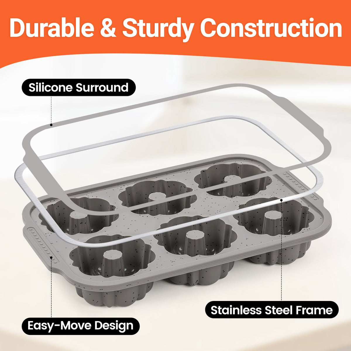 CAKETIME Silicone Mini Fluted Tube Cake Pans for Baking with Metal Reinforced Frame, 6-Cavity Mini Flan Molds-1Pcs