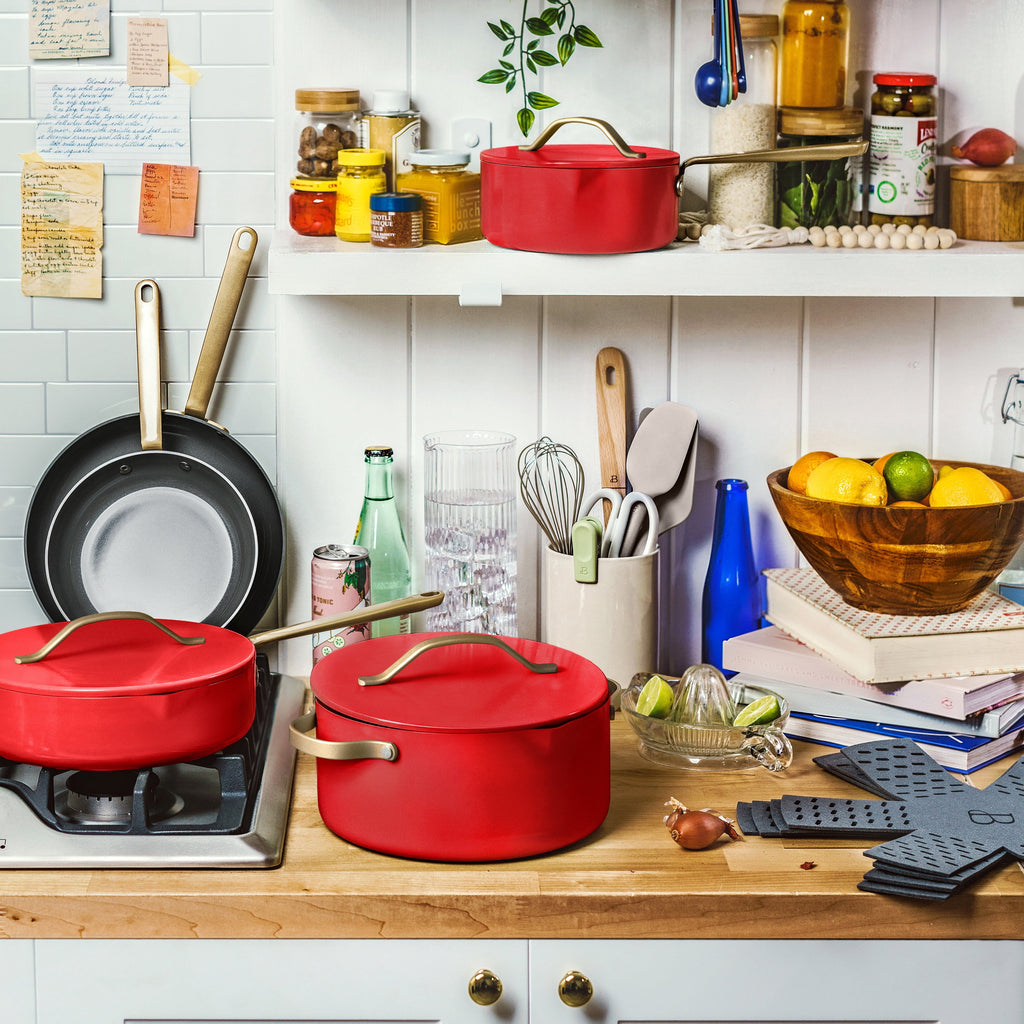 Beautiful 12-Piece Cookware Set, Pots and Pans with Strainer Lids and EverGood Ceramic Nonstick Coating, White Icing by Drew Barrymore