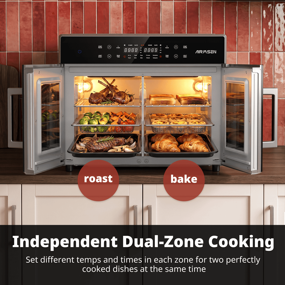 AIRMSEN 32 QT Dual Zone Air Fryer Toaster Oven Combo, 15 PCS Set, French Door Countertop Convection Oven, 1800W, 450°F Max Temp, Touchscreen, 360° Auto Rotisserie Spit, Bake, Broil, Roast