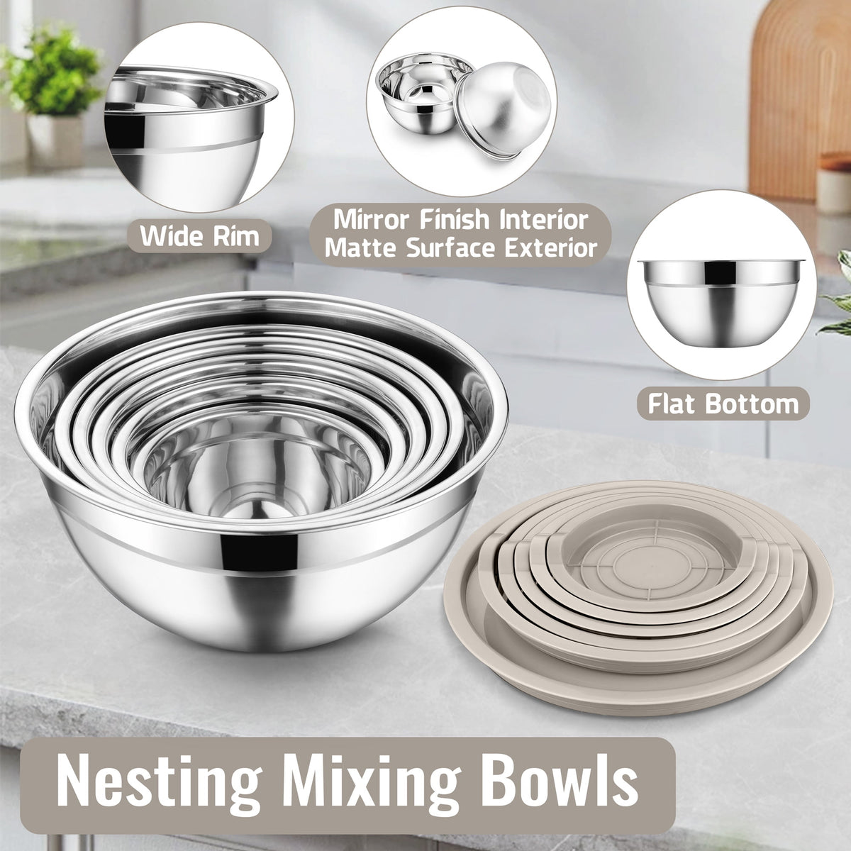 Mixing Bowls with Lids Set of 9, Vesteel Stainless Steel Mixing Bowls Metal Nesting Salad Bowls Attach with 3 Graters for Kitchen Grating/ Shredding, Size 4.6, 2.6, 2, 1.5, 1, 0.7 QT - Multi-Color
